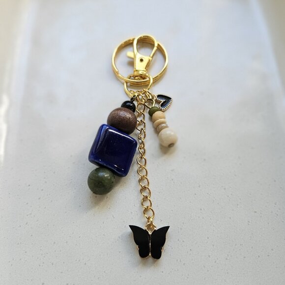 Blue Beaded Keychain with Black Butterfly and Heart Charms - Picture 7 of 8